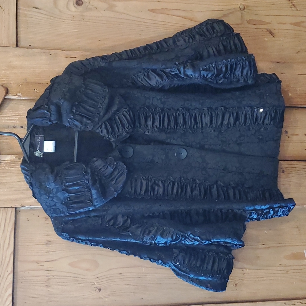 Damee, Inc. Black Cocktail Jacket Medium Lace Sequins Ruffles